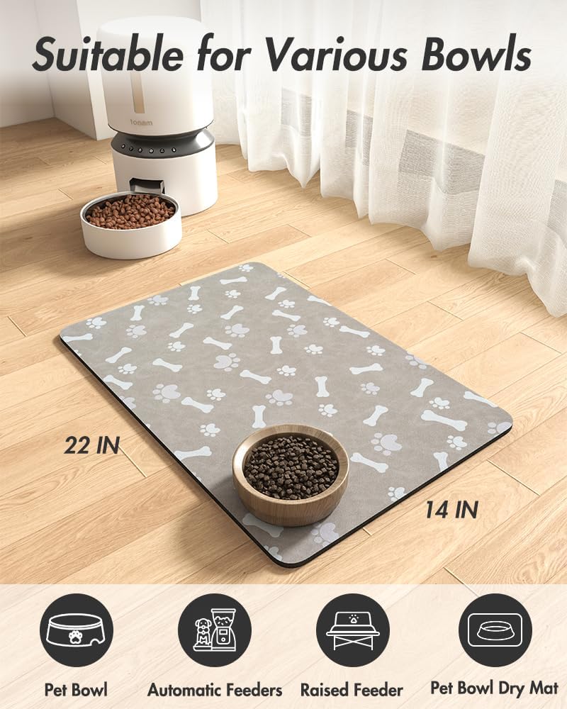 MontVoo Dog Food Mat-Pet Feeding Mat for Food and Water-No Stains Quick Dry Dispenser Cat Bowl Mat for Messy Drinkers(12"x19" Dark Grey)