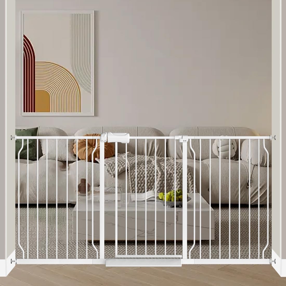 Fairy Baby Extra Wide Baby Gate for Dogs Pressure Monuted Safety Gate for Living Room, Fits 62 Inch to 67 Inch with No Drill Auto Close Dog Gate for Doorways, White