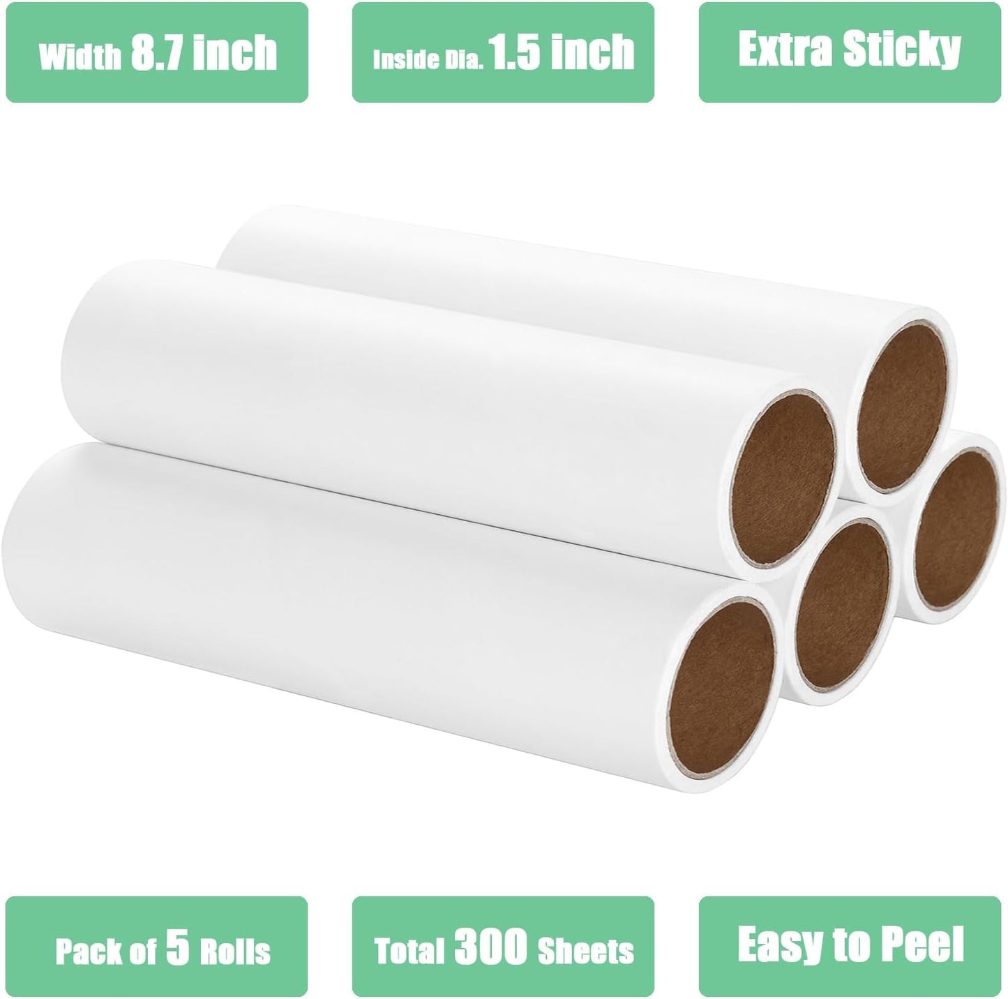 7.5 inch Lint Roller Refills Only, Pet Hair Remover Refills for Clothes Carpet Floor Couch, Extra Sticky Lint Brush Roller Refills, Pack of 5 Rolls, Total 300 Sheets (7.5'' Wide)