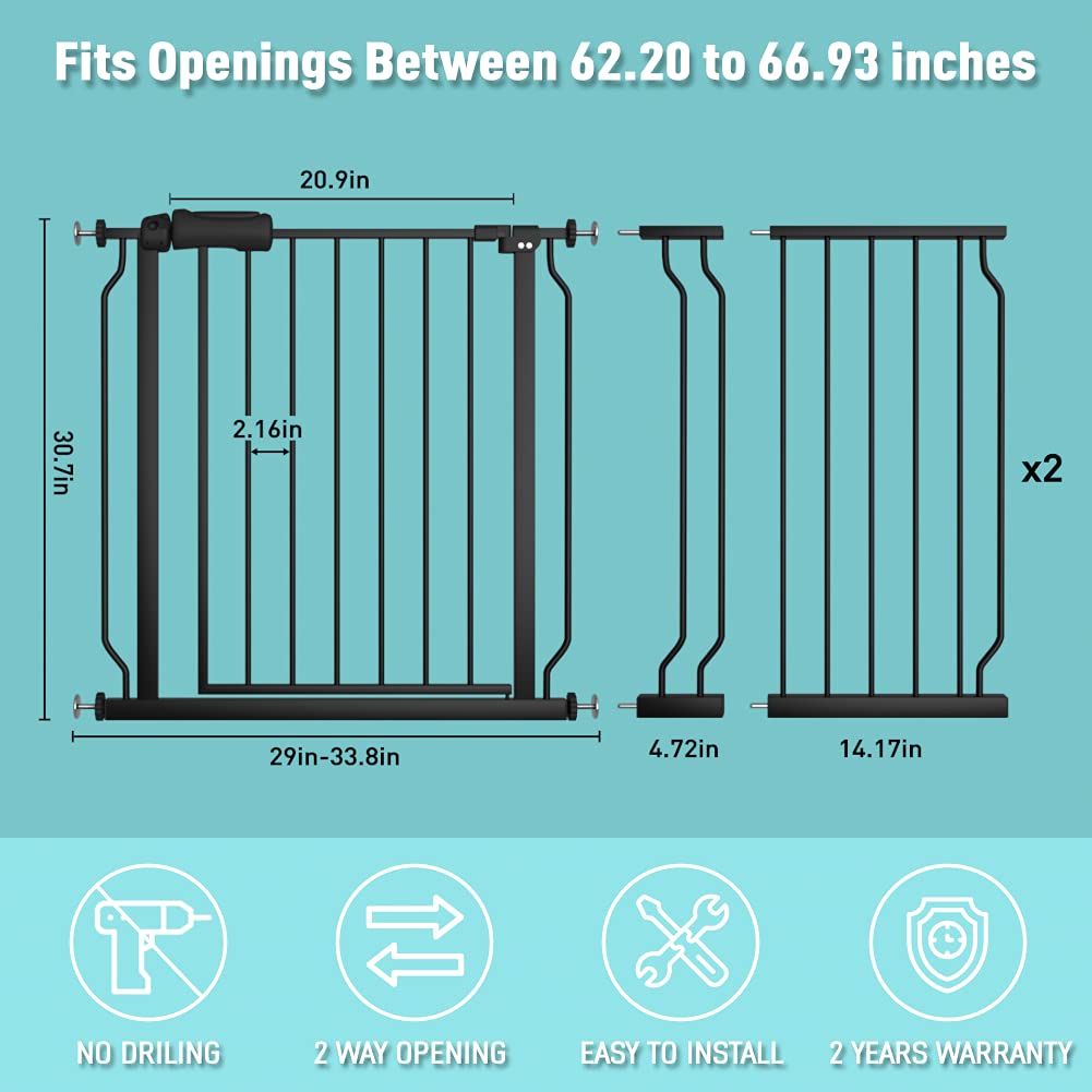 WAOWAO Baby Gate 71.65-85.03" Extra Wide Pressure Mounted Walk Through Swing Auto Close Safety Metal Black Toddler Kids Child Dog Pet Puppy for Stairs,Doorways,Kitchen