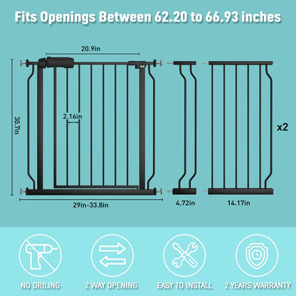 WAOWAO Baby Gate 71.65-85.03" Extra Wide Pressure Mounted Walk Through Swing Auto Close Safety Metal Black Toddler Kids Child Dog Pet Puppy for Stairs,Doorways,Kitchen