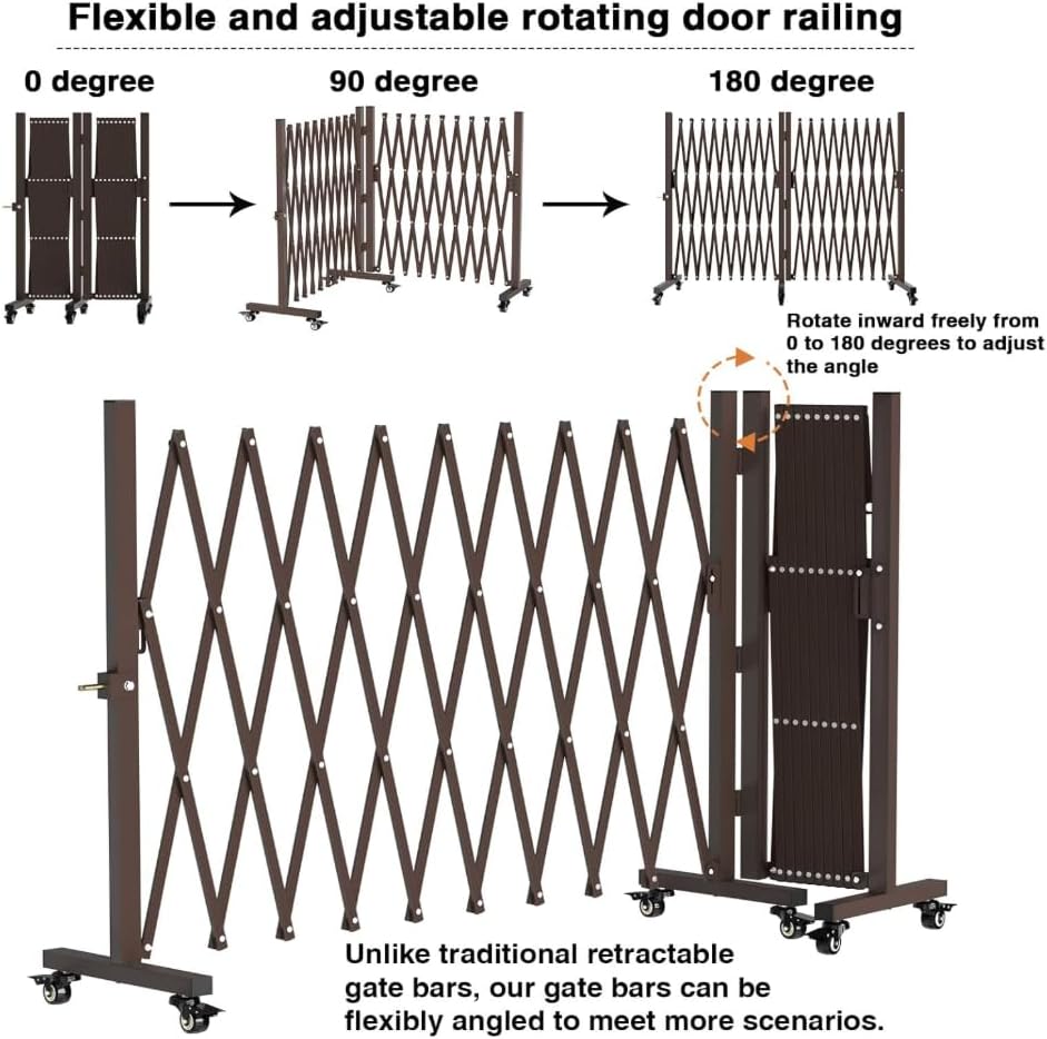 213” Wide Expandable Retractable Driveway Gate for Outdoor, Metal Fence Barrier with Lockable Foot Casters, 0-180° Rotatable Two-Segment Yard Garden Gate for Dog Security (213W×39.76H, Grey)