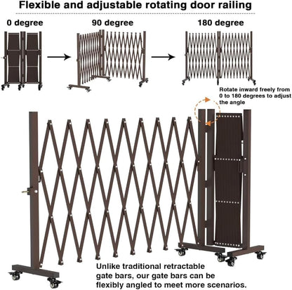 213” Wide Expandable Retractable Driveway Gate for Outdoor, Metal Fence Barrier with Lockable Foot Casters, 0-180° Rotatable Two-Segment Yard Garden Gate for Dog Security (213W×39.76H, Grey)