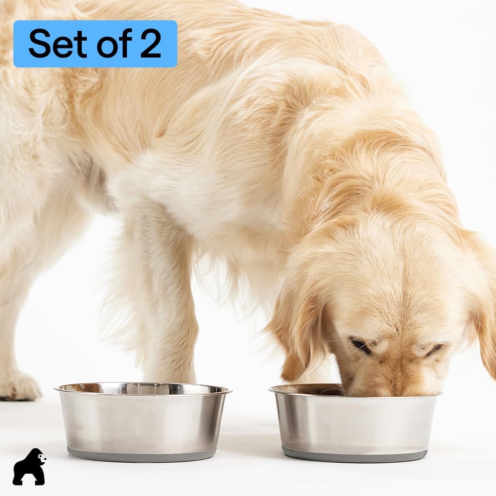 GORILLA GRIP Dog Bowls, Food Grade 304 Stainless Steel, Holds 2 Cups Each (16 fl oz) Food and Water Bowl for Feeding Dogs and Cats, Dishwasher Safe, Rust Resistant, BPA Free Rubber Base Set of 2 Black