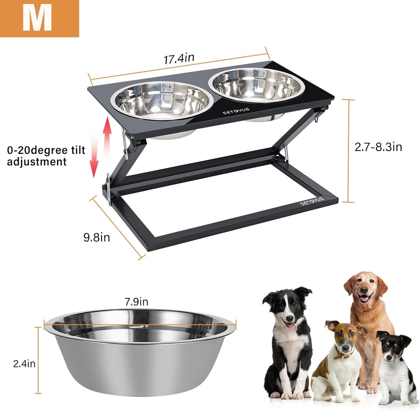 Elevated Dog Bowls, Adjustable Raised Dog Bowl Stand with 2 Stainless Steel Food Bowls 20°Tilted Water Bowls for Medium Small Sized Dogs (Black, Medium)