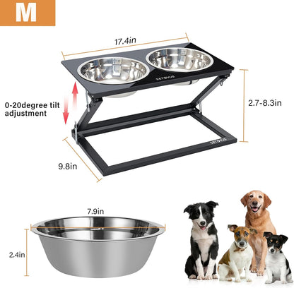 Elevated Dog Bowls, Adjustable Raised Dog Bowl Stand with 2 Stainless Steel Food Bowls 20°Tilted Water Bowls for Medium Small Sized Dogs (Black, Medium)