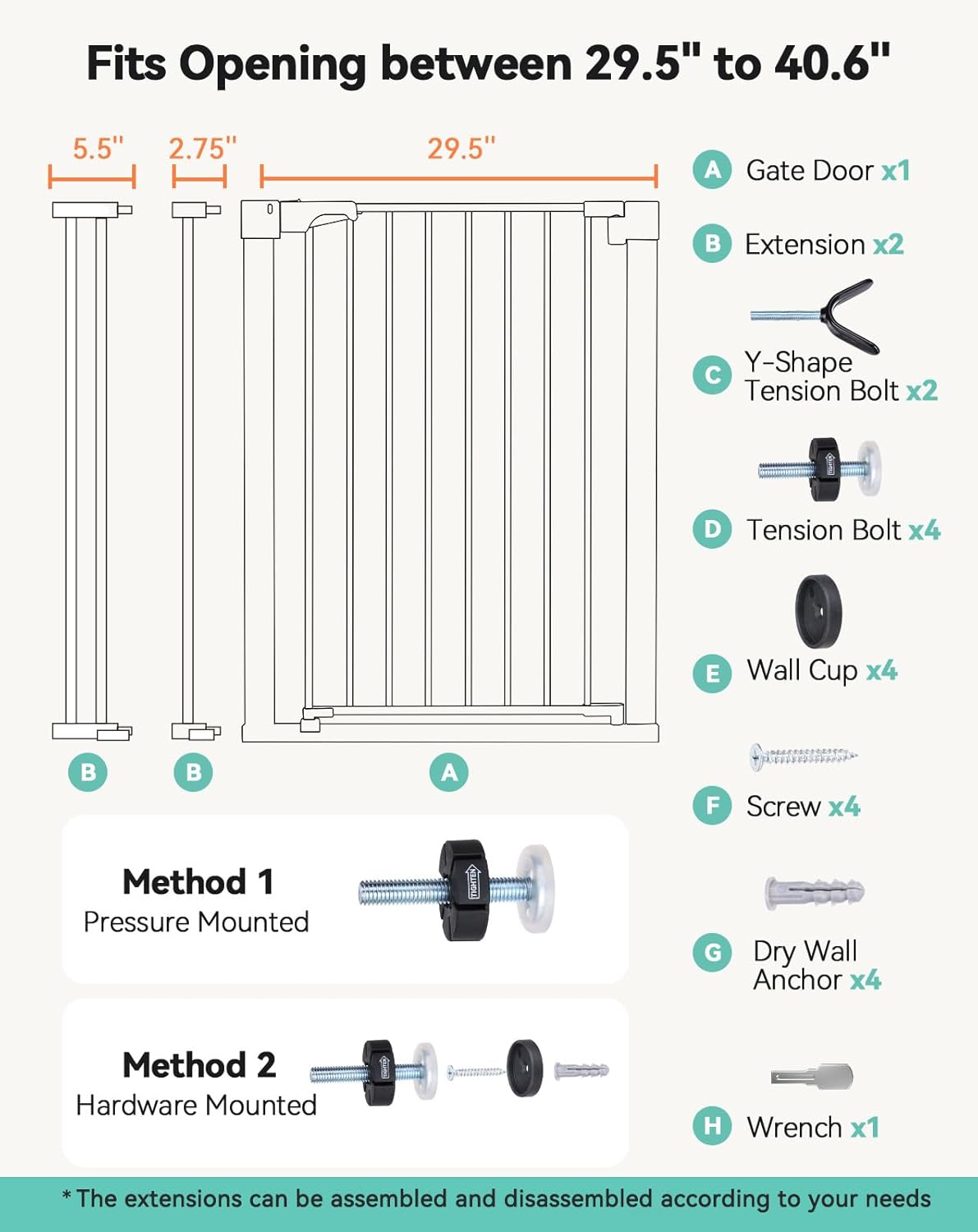 COMOMY 36" Extra Tall Baby Gate for Stairs and Doorways - Fits 29.5" to 48.8" Wide Openings, Auto Close Extra Wide Dog Gate for House, Pressure Mounted Easy Walk Through Pet With Door, Black