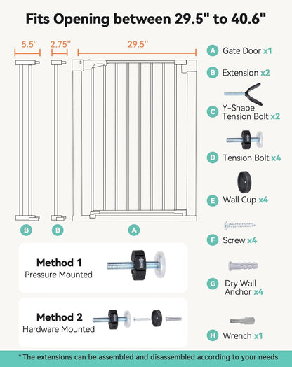 COMOMY 36" Extra Tall Baby Gate for Stairs and Doorways - Fits 29.5" to 48.8" Wide Openings, Auto Close Extra Wide Dog Gate for House, Pressure Mounted Easy Walk Through Pet With Door, Black