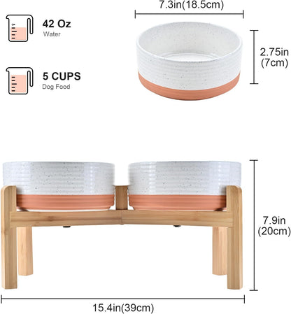 SPUNKYJUNKY Elevated Dog Bowls Ceramic, 6.1'' Dogs and Cat Food Water Bowls Raised with Non-Slip Bamboo Stand for Medium Sized Breed Microwave Dishwasher Safe - 28.7 OZ,Beige