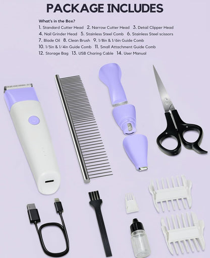 Dog Clippers Grooming Kit, 4 in 1 Quiet Cordless Dog Paw Trimmer & Nail Grinder, Small Cat Clippers Electric Rechargeable Low Noise Pet Shaver for Trimming Hair on Paw Eye Ear Face Rump (Pink)
