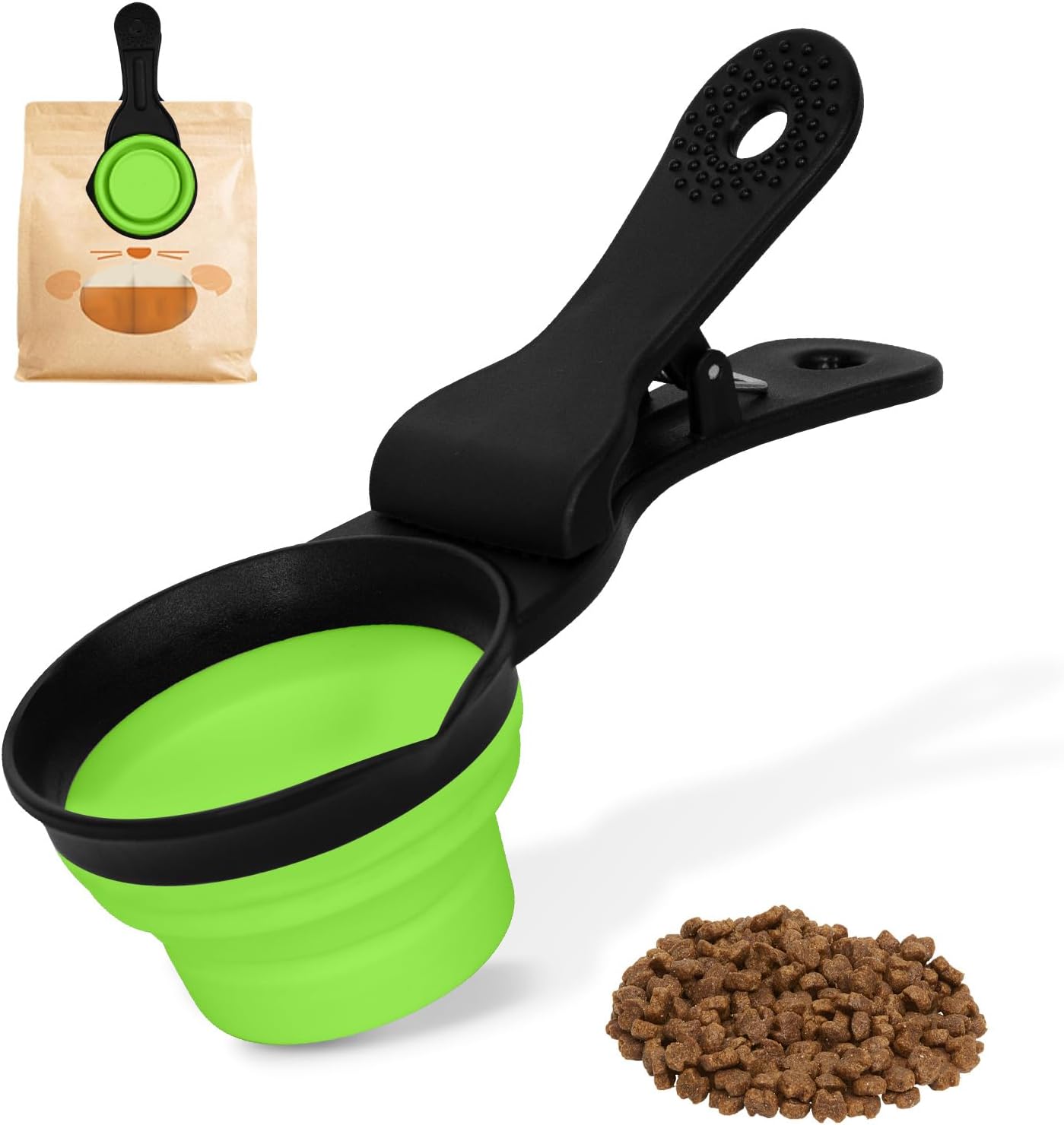 Collapsible Dog Food Scoop Foldable Pet Food Bag Clip 3 in 1 Multi-function Silicone Cat Food Measuring Cup Scoop Dog Food Scooper Pet Food Storage Clip (Green, 1 Cup Capacity(1 Pack))