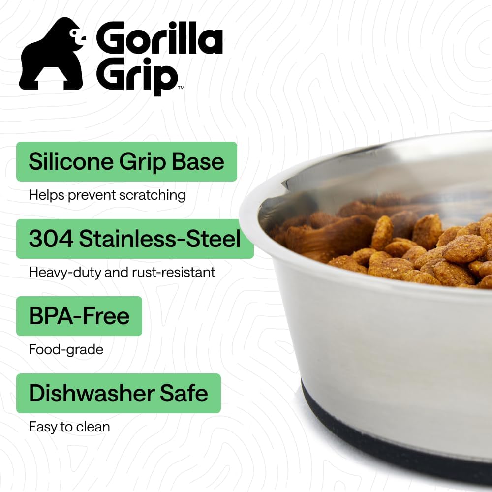 GORILLA GRIP Dog Bowls, Food Grade 304 Stainless Steel, Holds 2 Cups Each (16 fl oz) Food and Water Bowl for Feeding Dogs and Cats, Dishwasher Safe, Rust Resistant, BPA Free Rubber Base Set of 2 Black