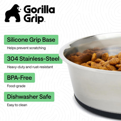 GORILLA GRIP Dog Bowls, Food Grade 304 Stainless Steel, Holds 2 Cups Each (16 fl oz) Food and Water Bowl for Feeding Dogs and Cats, Dishwasher Safe, Rust Resistant, BPA Free Rubber Base Set of 2 Black