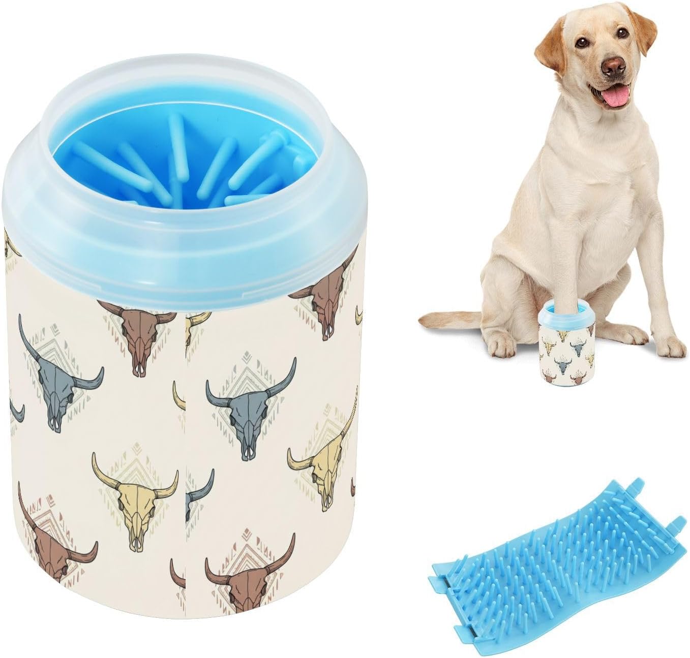 Western Skull Beige Pattern Dog Paw Cleaner Cup with Soft Silicone Brush, Small Portable Lightweight Muddy Paw Washer for Dogs, Easy to Use Pet Foot Cleaner