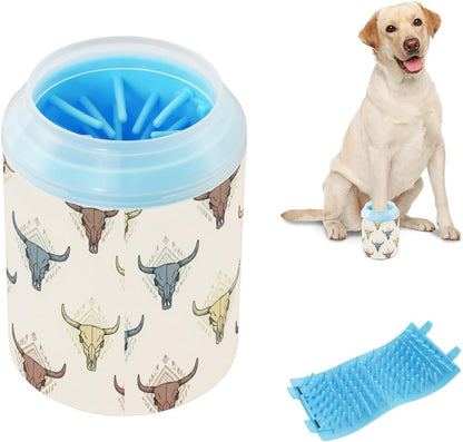 Western Skull Beige Pattern Dog Paw Cleaner Cup with Soft Silicone Brush, Small Portable Lightweight Muddy Paw Washer for Dogs, Easy to Use Pet Foot Cleaner