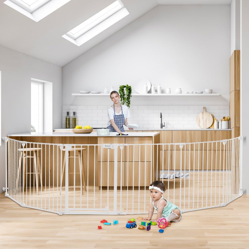 COMOMY 198" Baby Gate Extra Wide, Dog Gate Pet Gate for House Stairs Doorways Fireplace, 3 in 1 Play Yard Child Safety Gate, Auto Close, Hardware Mounted (30" Tall, Black)