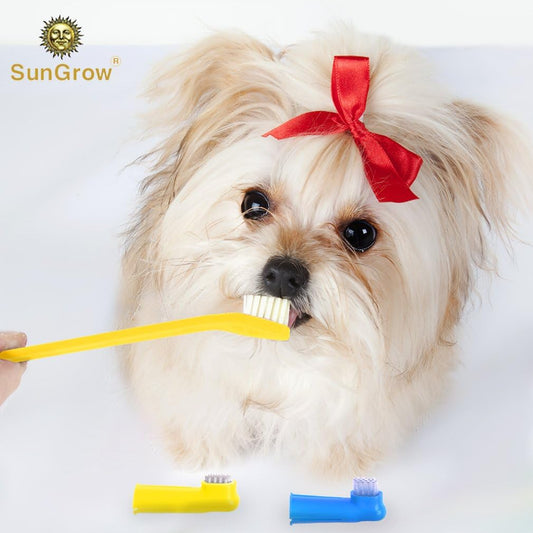 SunGrow Dog Toothbrush Set, Dual-Headed Brush, 2 Bonus Finger Brushes Included, Removes Plaque, freshens Dog's Breath, Use with Dog Toothpaste, 3 Pcs