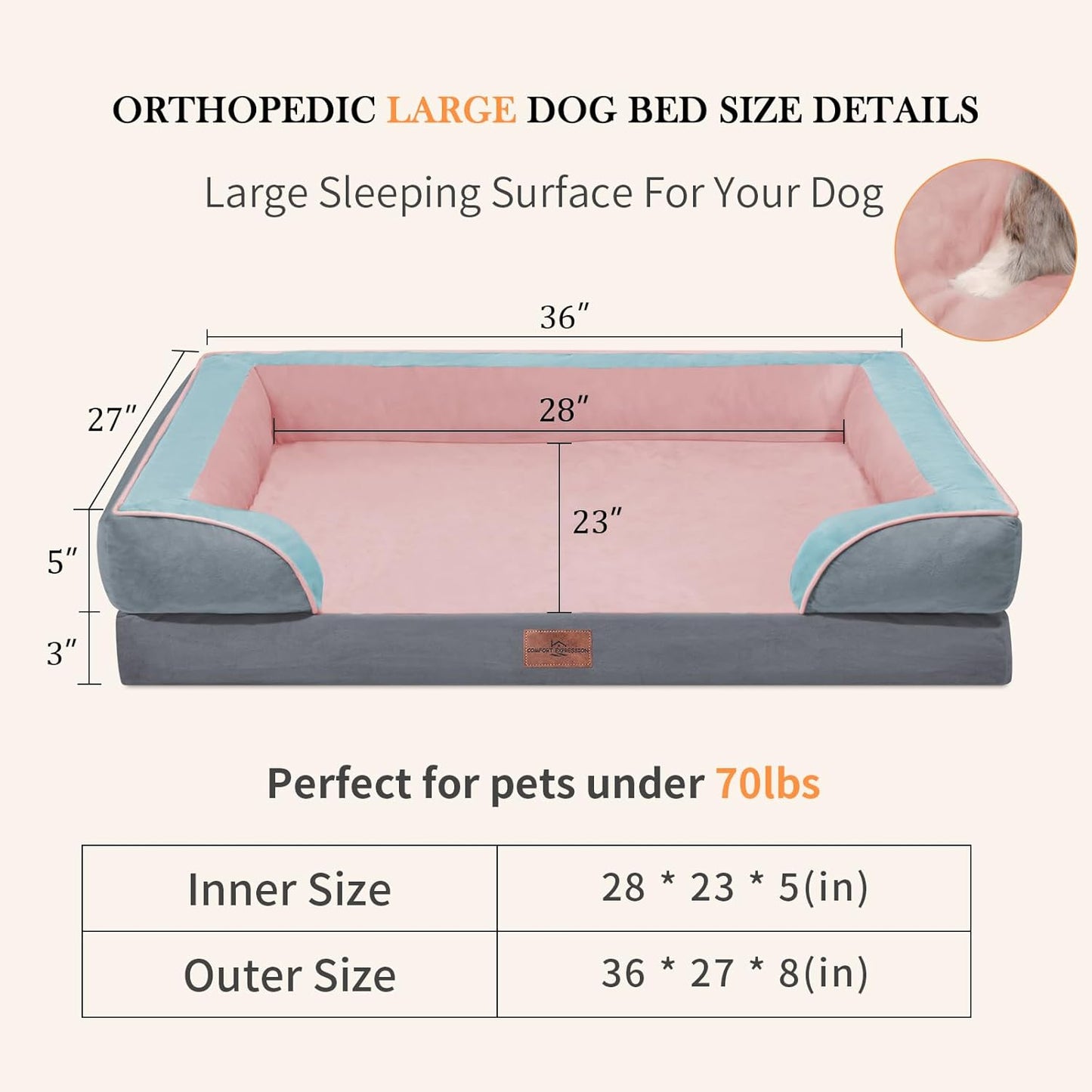 Comfort Expression Orthopedic Dog Bed for Extra Large Dogs 42x30 Inch, Waterproof Egg Crate Foam XL Pet Bed with Removable Bolsters, Dog Couch with Washable Cover & Non-Slip Bottom, Grey - Colors B