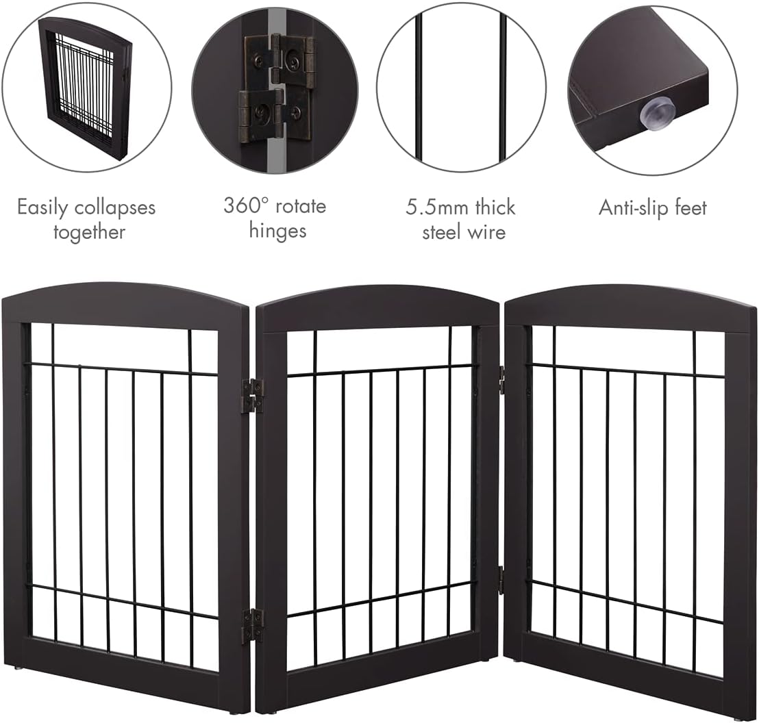 PAWLAND Free Standing Dog Gates for The House Stairs Doorways Indoor Foldable Wooden Small White Puppy Pet Gate Step Over Fence 60" W 24" H 3 Panels