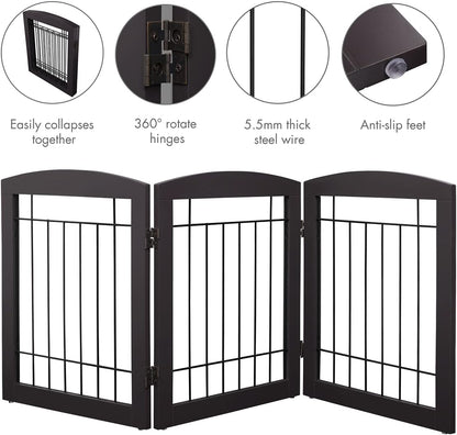 PAWLAND Free Standing Dog Gates for The House Stairs Doorways Indoor Foldable Wooden Small White Puppy Pet Gate Step Over Fence 60" W 24" H 3 Panels