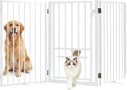 Metal Freestanding Dog Gate with Cat Door for Outdoor Indoor,80" Extra Wide Foldable Pet Fence,30" Tall Dog Gate for Large Opening,Stairs,Hallways,Doorways,Deck,Yard,with 3PCS Support(4 Panels,Black)