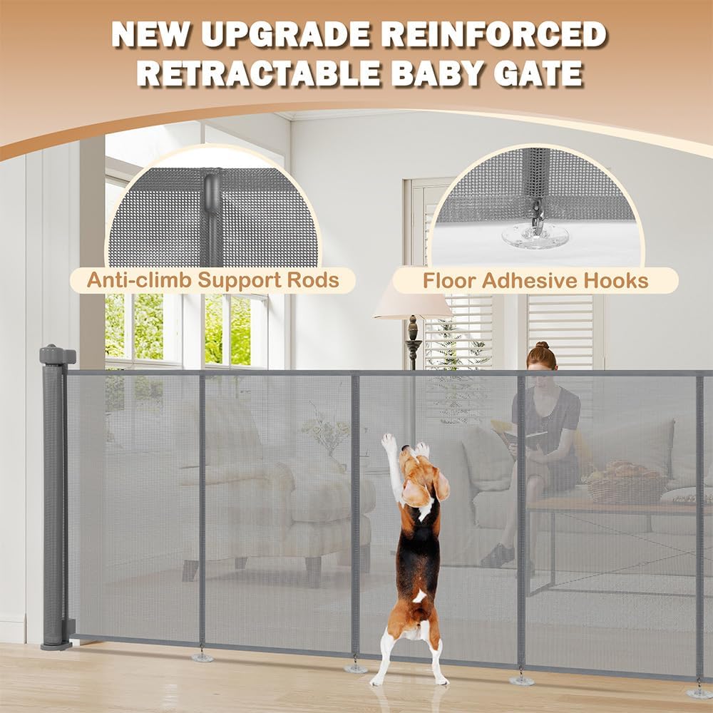 SMONTER Extra Wide Retractable Dog Gates, Mesh Baby Gate with Support Rods Extend to 118" Wide 33" Tall, Portable Safety Retractable Gate for Stairs, Indoor/Outdoor, Black