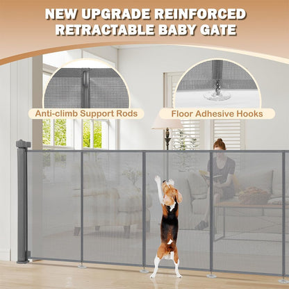 SMONTER Extra Wide Retractable Dog Gates, Mesh Baby Gate with Support Rods Extend to 118" Wide 33" Tall, Portable Safety Retractable Gate for Stairs, Indoor/Outdoor, Black