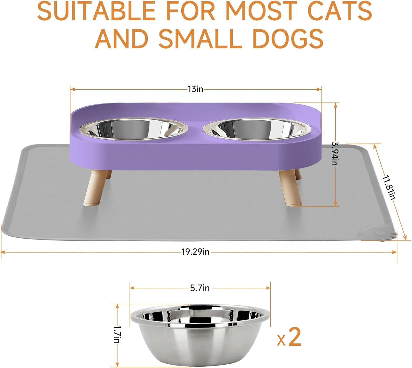 Elevated Cat Bowl, Raised Cat Food and Water Bowl Set for Indoor Cats, Splash Proof with 2 Stainless Steel Pet Food Bowls for Cats and Puppies, Whisker Fatigue and Dishwasher Safe - White