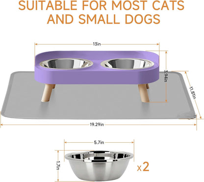 Elevated Cat Bowl, Raised Cat Food and Water Bowl Set for Indoor Cats, Splash Proof with 2 Stainless Steel Pet Food Bowls for Cats and Puppies, Whisker Fatigue and Dishwasher Safe - White