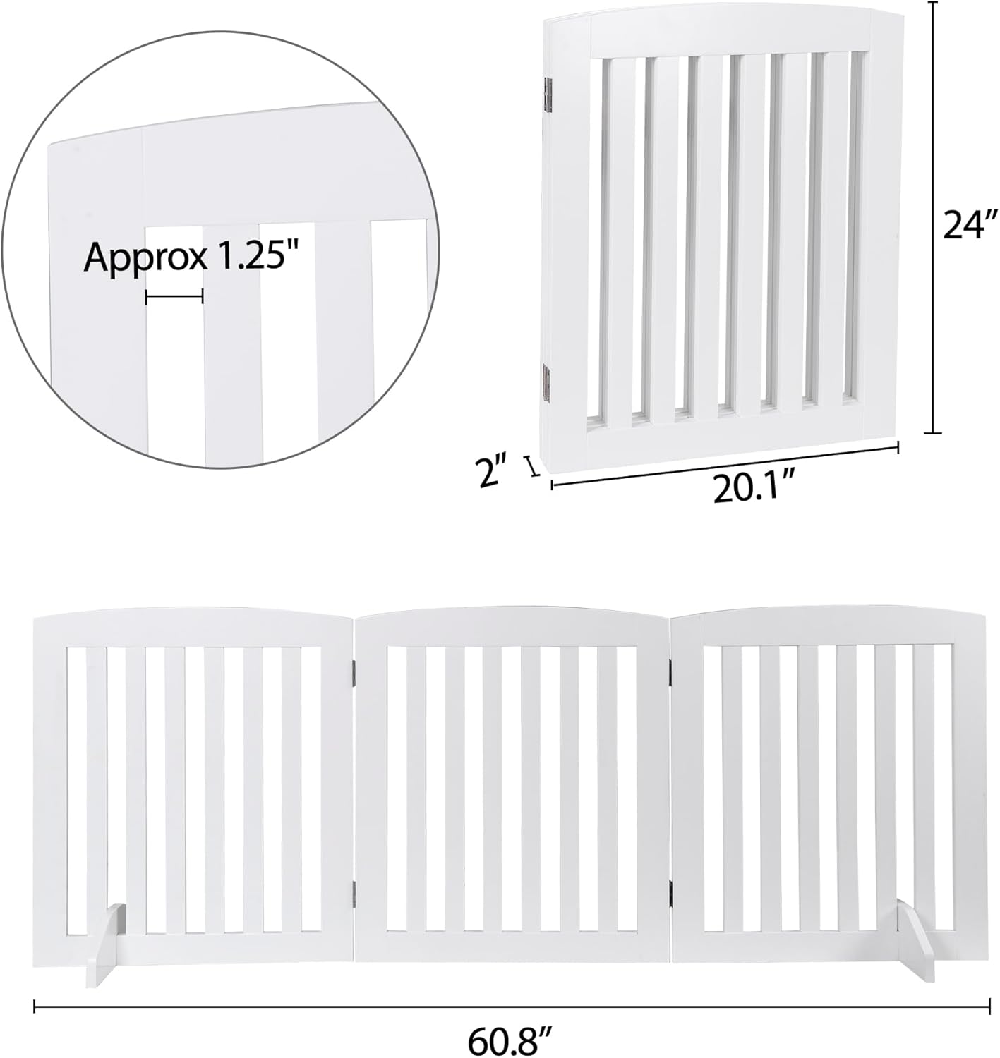24 Inch Freestanding Indoor Retractable Dog Gate Pet Gate for Stairs, Hallways or Doorways 3 Panels Indoor Foldable Puppy Dog Fence Wooden Safety Fence, White