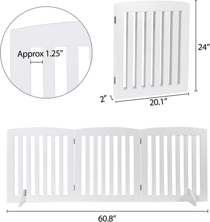 24 Inch Freestanding Indoor Retractable Dog Gate Pet Gate for Stairs, Hallways or Doorways 3 Panels Indoor Foldable Puppy Dog Fence Wooden Safety Fence, White