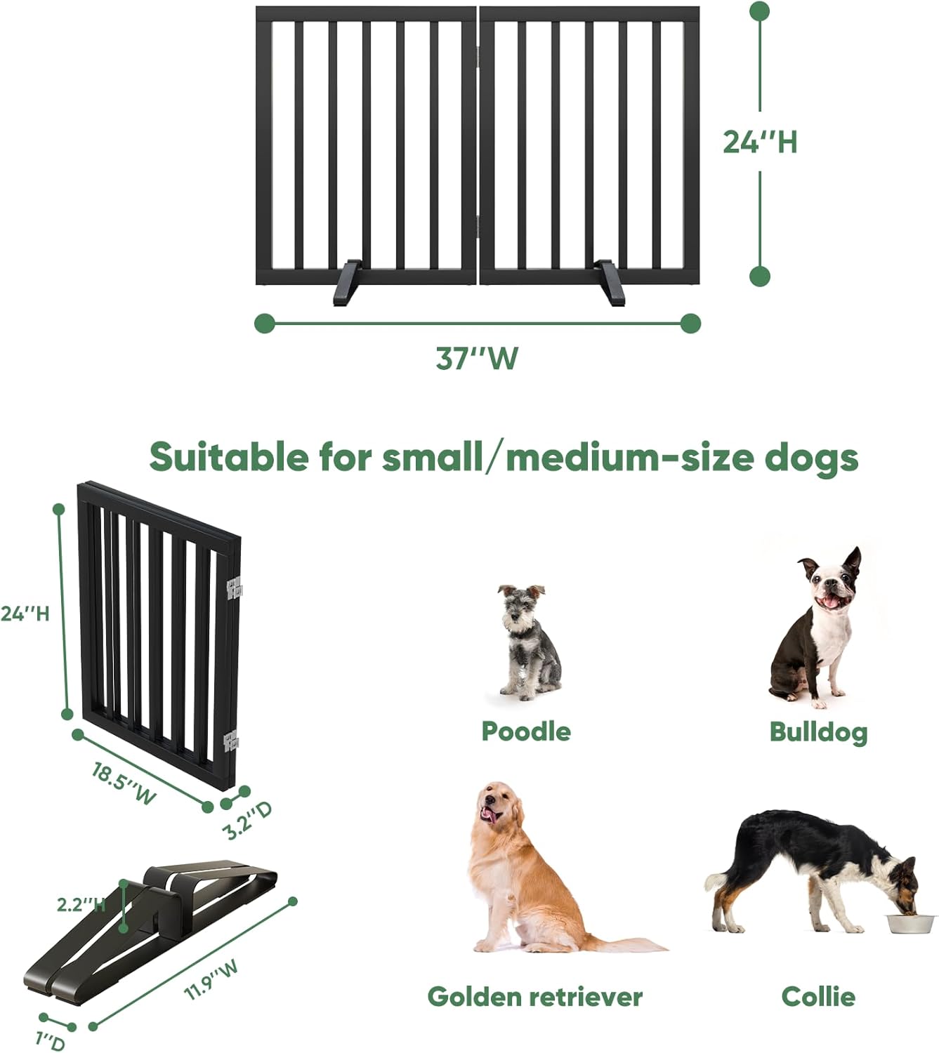 Freestanding Foldable Dog Gate - 4 Panel Room Divider with Metal Support Feet (Black)