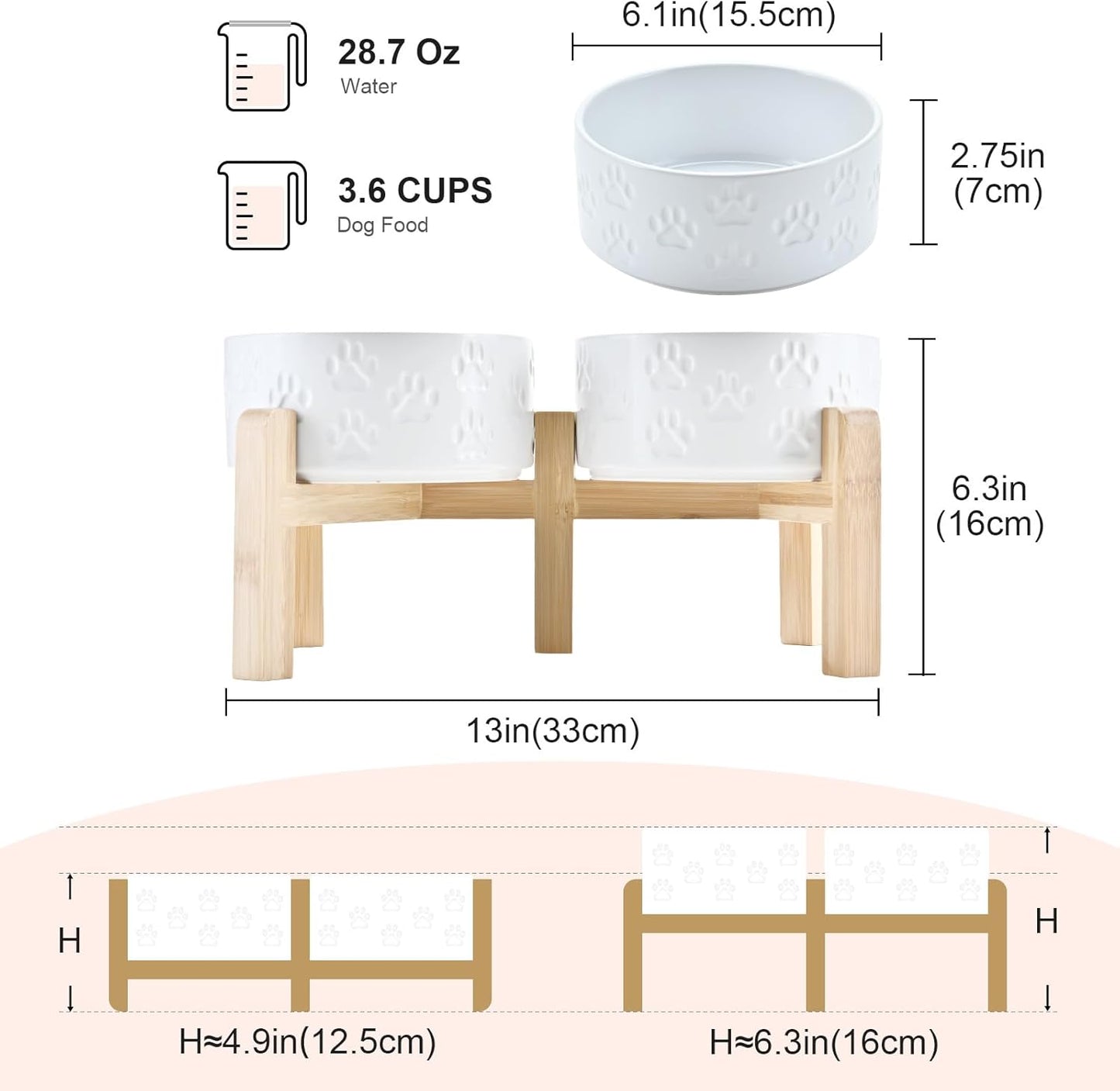 SPUNKYJUNKY Elevated Dog Bowls Ceramic, 6.1'' Dogs and Cat Food Water Bowls Raised with Non-Slip Bamboo Stand for Medium Sized Breed Microwave Dishwasher Safe - 28.7 OZ,Beige