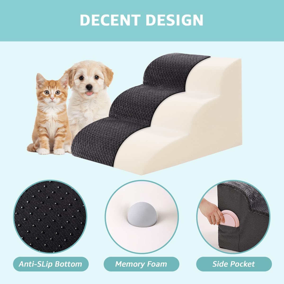 Oiilores Dog Stairs for Small Dogs 15" H, 3-Step Dog Steps Ramp for Couch Sofa and Chair with Anti-Slip Washable Cover and Durable High Density Foam, Pet Stairs for Cats, Grey