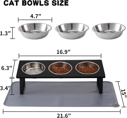 Upgraded Elevated Cat Bowls with Food Mat,15°Tilted Stand Anti Vomiting Raised Cat Dishes for Food and Water,2 Stainless Steel Bowls for Cats and Puppy