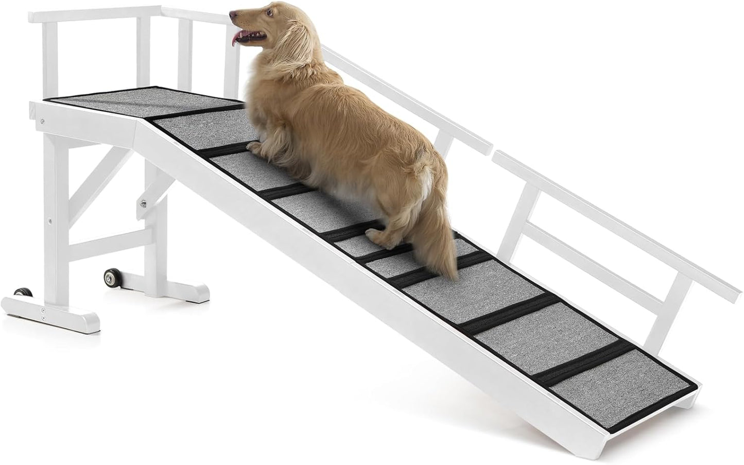 Dog Ramp for Bed or Couch, Wooden Pet Ramp with 20° Gentle Slope, Removable Side Rails, Non-Slip Surface, Top Platform & Wheels, Safe Bed Ramp for Small, Large & Senior Dogs, 60" Long, Mahogany