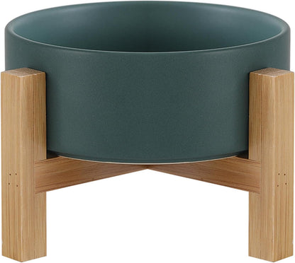 Elevated Ceramic Cat Bowl - Cat Food Bowl with Bamboo Stand - Raised Dog Dish for Puppies - Anti Vomiting, Stress Free - 13.5 oz / 400 ml - White