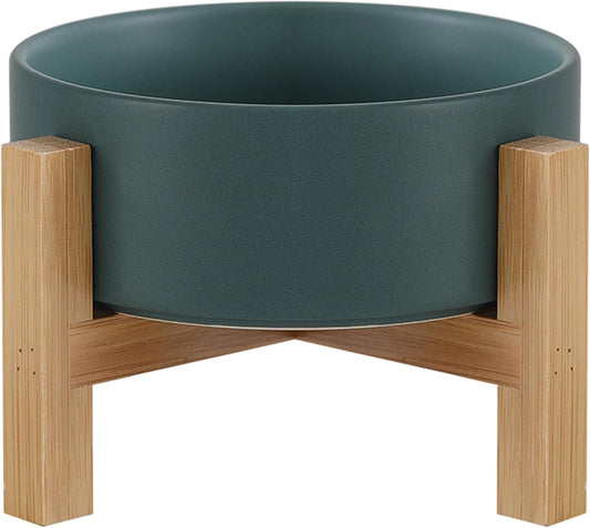 Elevated Ceramic Cat Bowl - Cat Food Bowl with Bamboo Stand - Raised Dog Dish for Puppies - Anti Vomiting, Stress Free - 13.5 oz / 400 ml - White