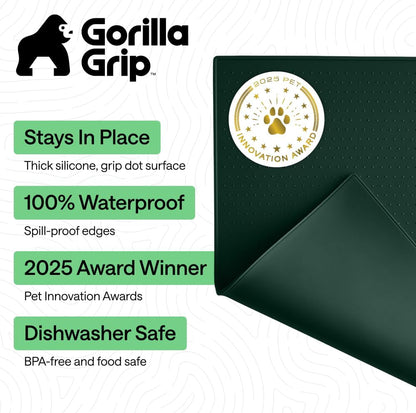 GORILLA GRIP 100% Waterproof Raised Edge BPA Free Silicone Pet Feeding Mat, Dog Cat Food Mats Contain Spills Protects Floors, Placemats for Cats and Dogs Water Bowl, 18.5x11.5, Gray