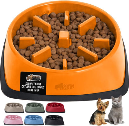 GORILLA GRIP® Patented BPA Free Slow Feeder Dog Bowls, Interactive Puzzle Toy for Dogs and Cats Food Training Enrichment, Keeps Pets Busy and Prevents Puppy Overeating, Small Breeds, 1 Cup, Gray