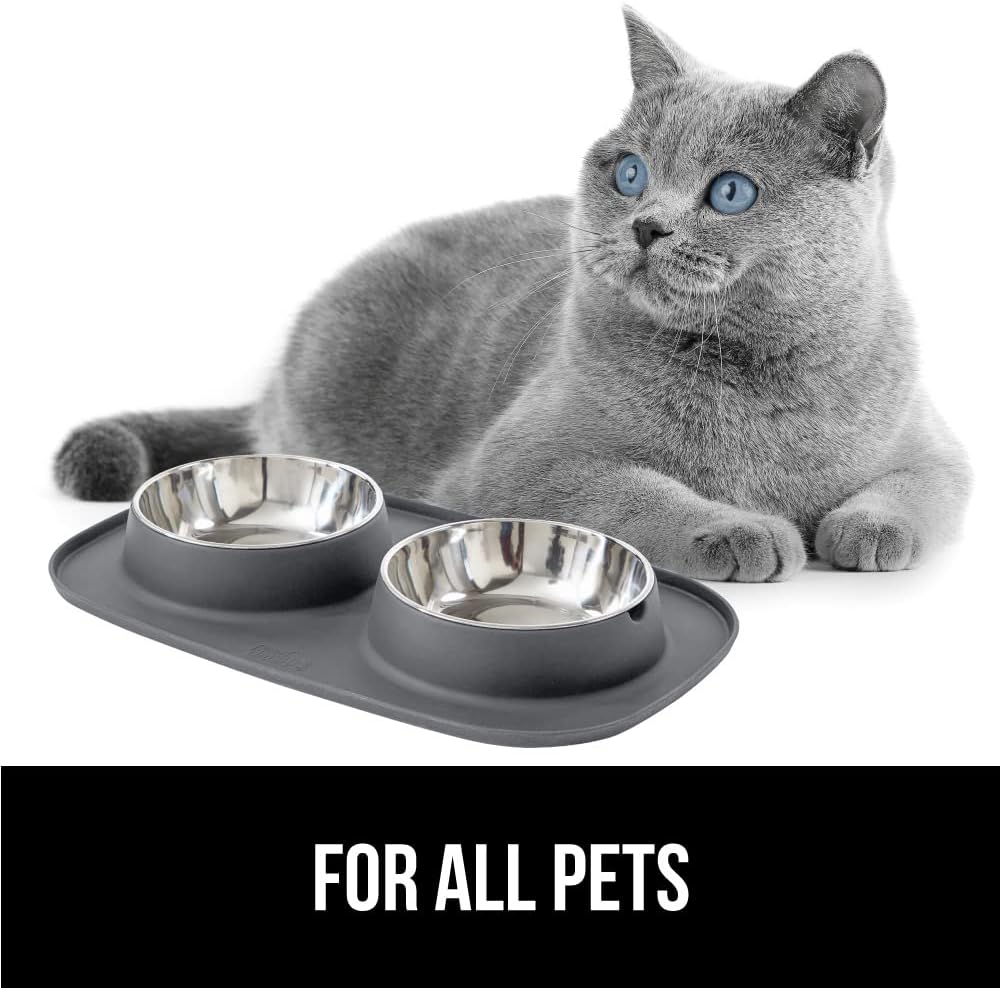 GORILLA GRIP Feeding Mat Set, Patent Pending 100% Waterproof BPA Free Silicone, Stainless Steel Cat and Dog Bowls, Slip Resistant, 1 Black mat/tray with 2 stainless steel bowls