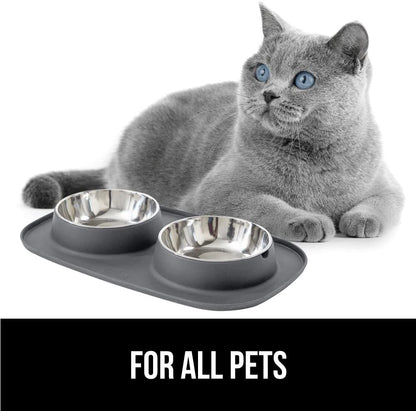 GORILLA GRIP Feeding Mat Set, Patent Pending 100% Waterproof BPA Free Silicone, Stainless Steel Cat and Dog Bowls, Slip Resistant, 1 Black mat/tray with 2 stainless steel bowls