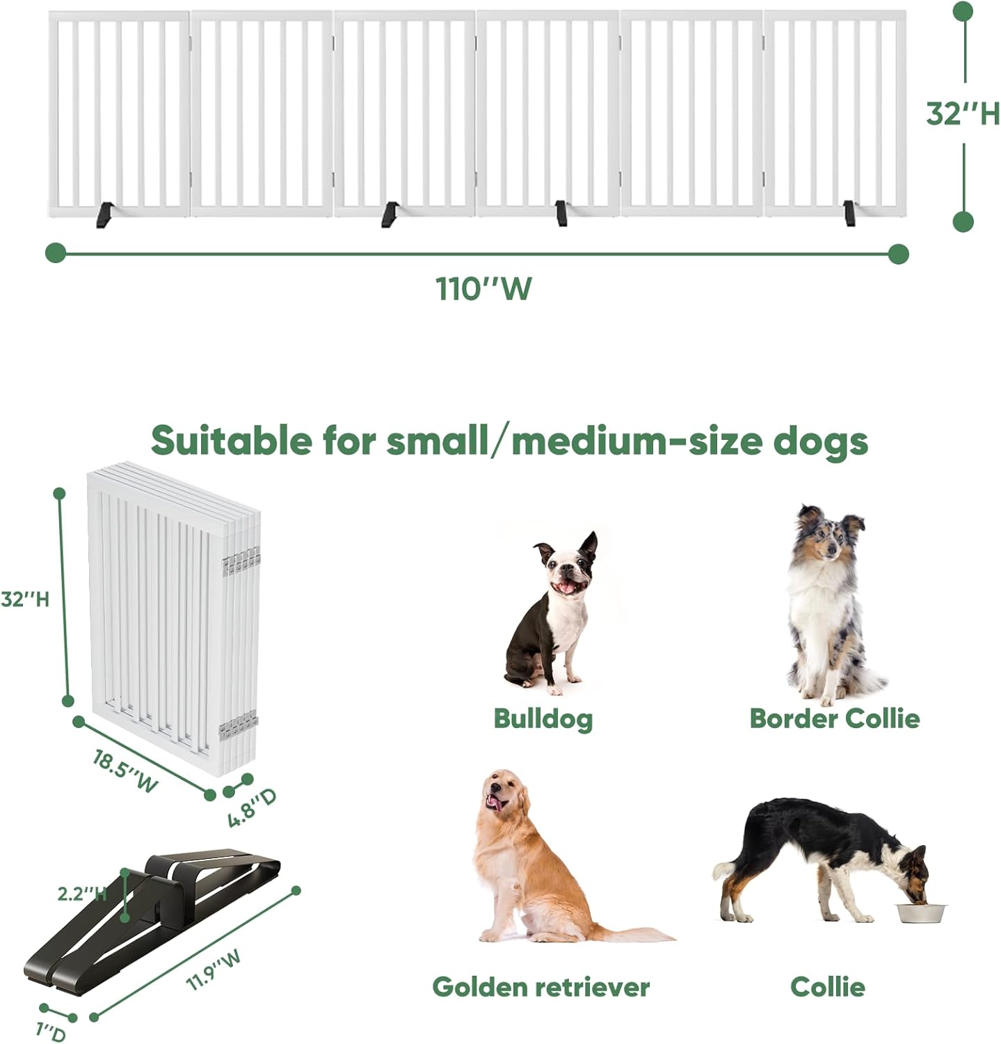 Freestanding Foldable Dog Gate - 4 Panel Room Divider with Metal Support Feet (Black)