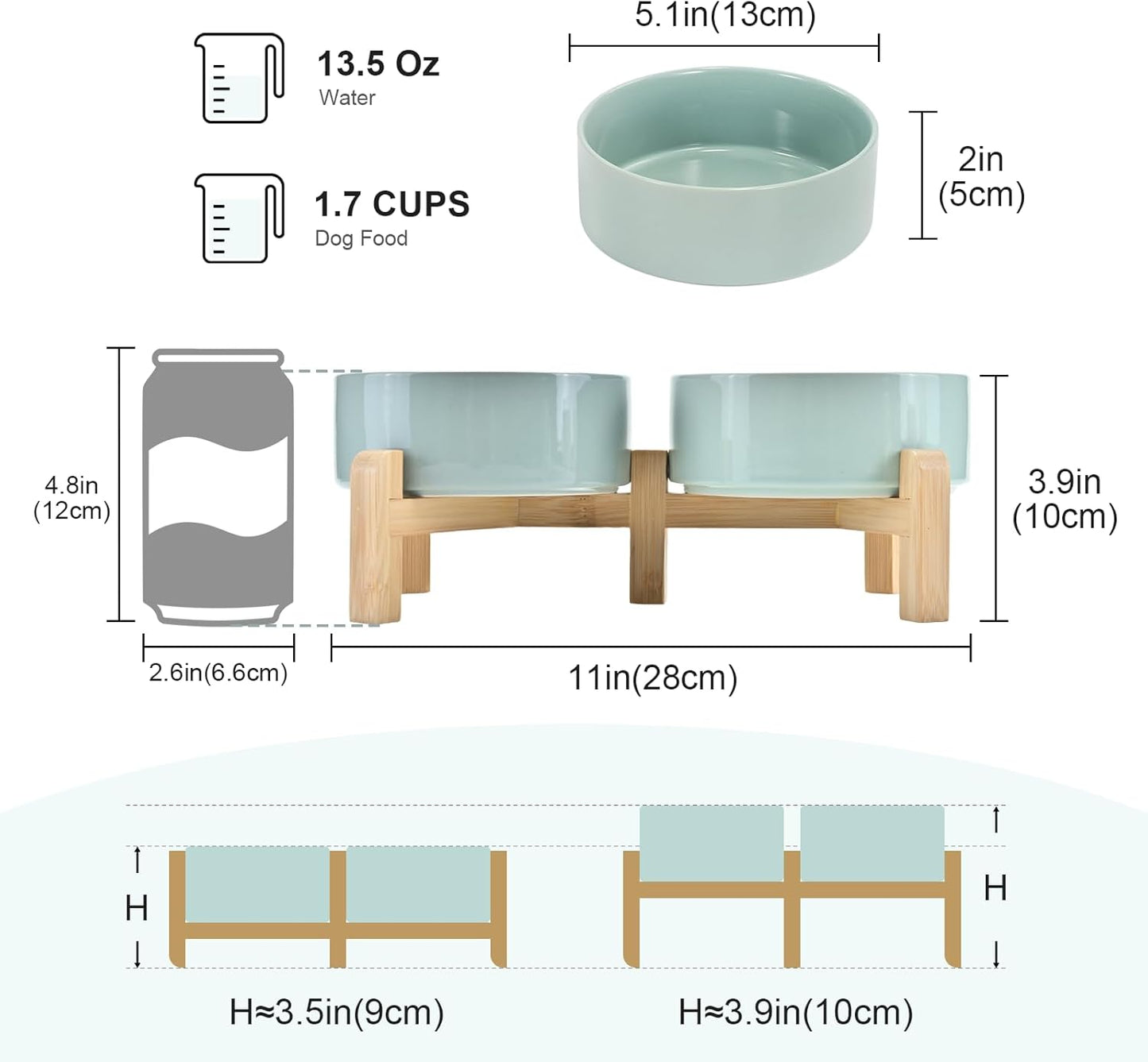 SPUNKYJUNKY Elevated Dog Bowls Ceramic, 6.1'' Dogs and Cat Food Water Bowls Raised with Non-Slip Bamboo Stand for Medium Sized Breed Microwave Dishwasher Safe - 28.7 OZ,Beige