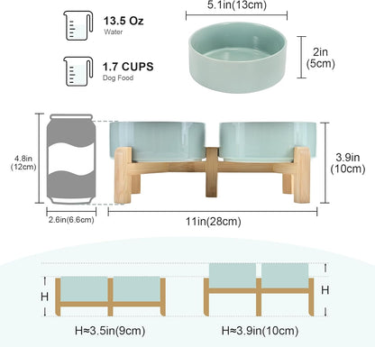 SPUNKYJUNKY Elevated Dog Bowls Ceramic, 6.1'' Dogs and Cat Food Water Bowls Raised with Non-Slip Bamboo Stand for Medium Sized Breed Microwave Dishwasher Safe - 28.7 OZ,Beige