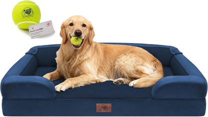 Extra Large Dog Bed, Orthopedic XL Washable Memory Foam Bed for Big Dogs Waterproof Pet Couch Sofa Bolster with Removable Cover, Non-Slip Bottom, Tennis Ball Toy, 42x30