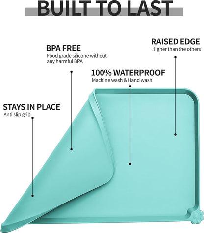 Reopet Waterproof Pet Feeding Mat, Non-Slip Silicone Placemats for Dog Cat Food and Water Bowl, High Raised Edges to Prevent Spills and Protect Floors