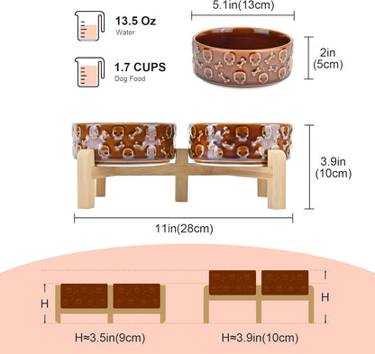 SPUNKYJUNKY Elevated Dog Bowls Ceramic, 6.1'' Dogs and Cat Food Water Bowls Raised with Non-Slip Bamboo Stand for Medium Sized Breed Microwave Dishwasher Safe - 28.7 OZ,Beige