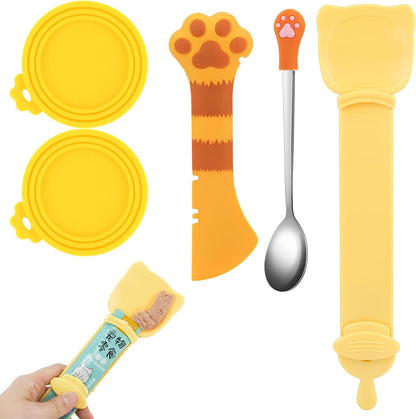 5 PCS Cat Food Can Covers Lids Set, Silicone Pet Food Can Lids with Multi-Function Cat Food Spoon and Opener, Cat Bar Squeezer, Stainless Steel Wet Food Spoon for Cats and Dogs (Pink) (Pink)