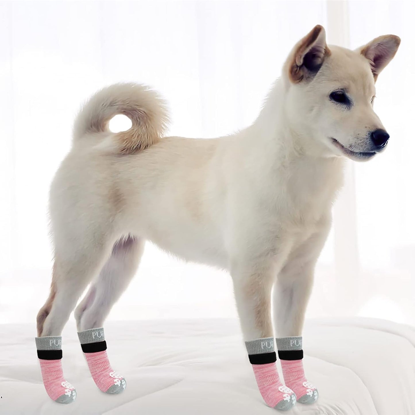 PUPTECK Anti-Slip Dog Socks with Double Sides Grips for Small Medium Large Dogs Hardwood Floors Prevents Licking, Dog Shoes for Hot Pavement Traction Control Paw Protector for Senior Dogs, Grey L